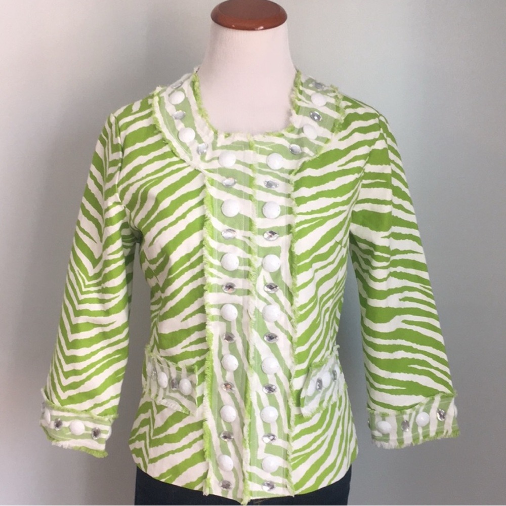 Berek Neon Green and White Cotton Zebra Striped Jacket With Crystal Size Small